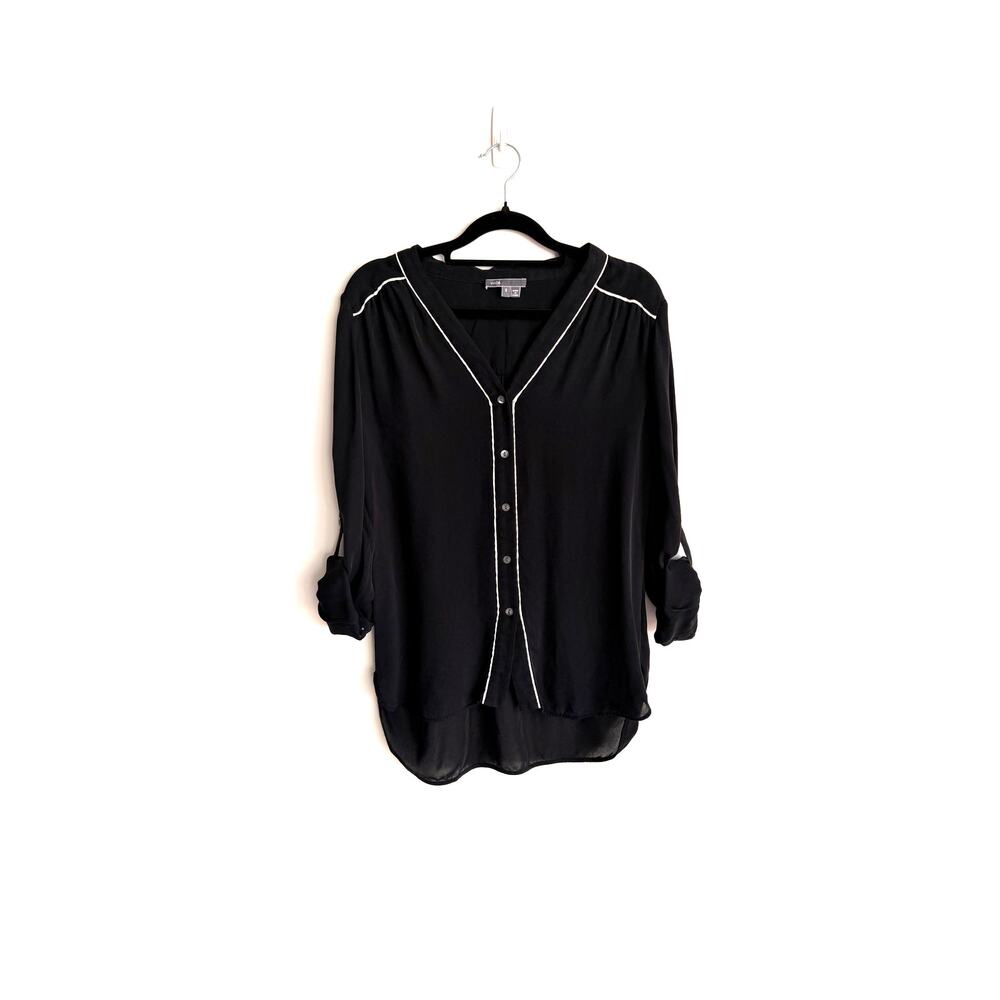 Vince Black 100% Silk Button Front Blouse White Contrast Trim Size Small